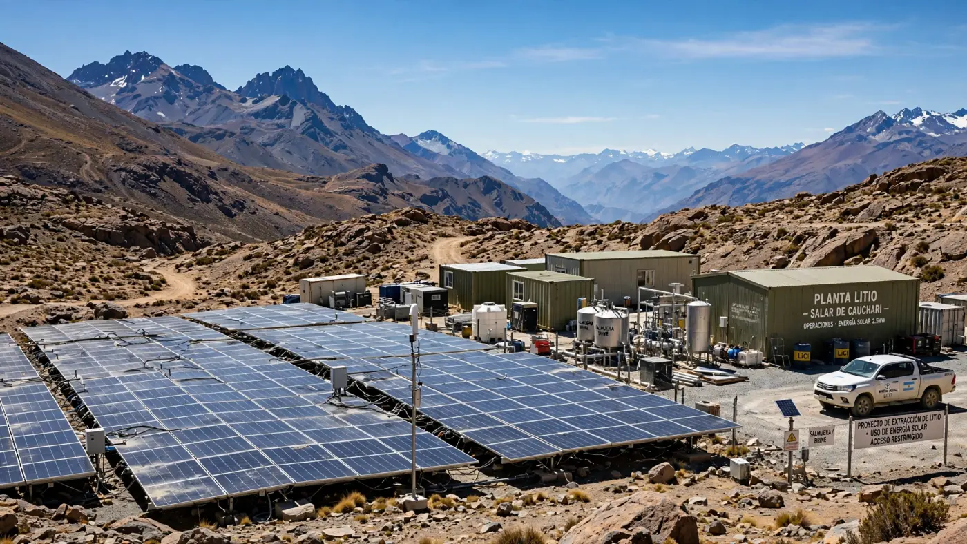 Paneles solares abasteciendo un campamento de extracción de litio en los Andes