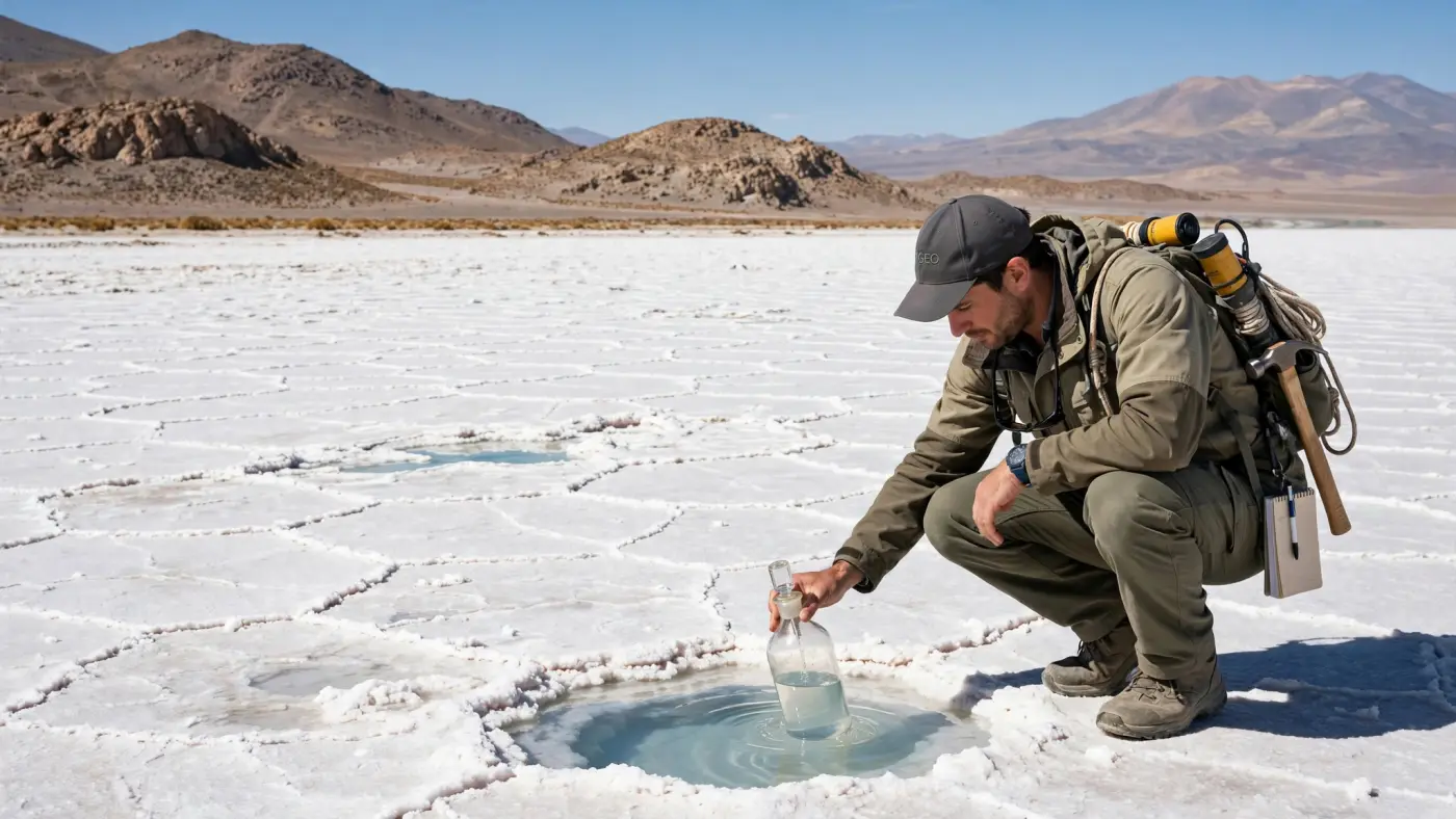 Geólogo tomando muestras de salmuera en la costra salina del Salar de Pocitos, Salta