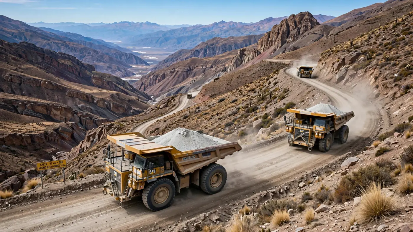 Camiones transportando concentrado de litio por un camino de montaña en Salta